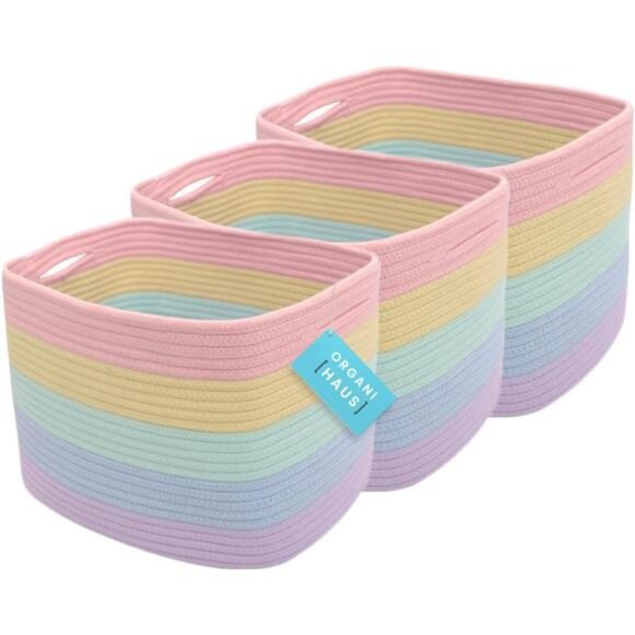Set of 3 Cute Rainbow Storage Basket for Toys & Cloths Cotton Rope